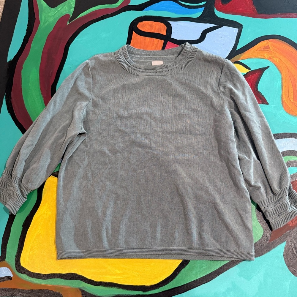 H&M Soft Teal Knit Long Sleeve Blouse Workwear, Classic, Elegant Bishop Sleeves